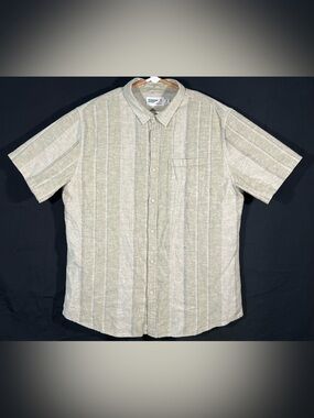 Wellen Men’s Short Sleeve Button Up Shirt Large Olive Stripe Organic Cotton/Hemp